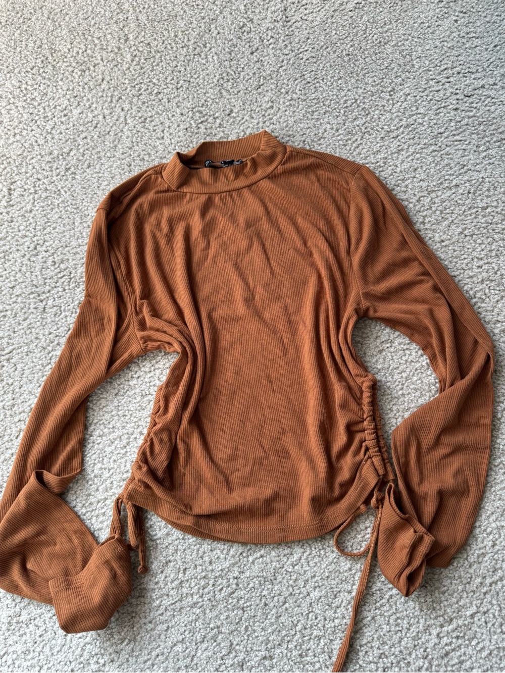 dylan Ribbed Mock Neck Long Sleeve Top in Rust Brown